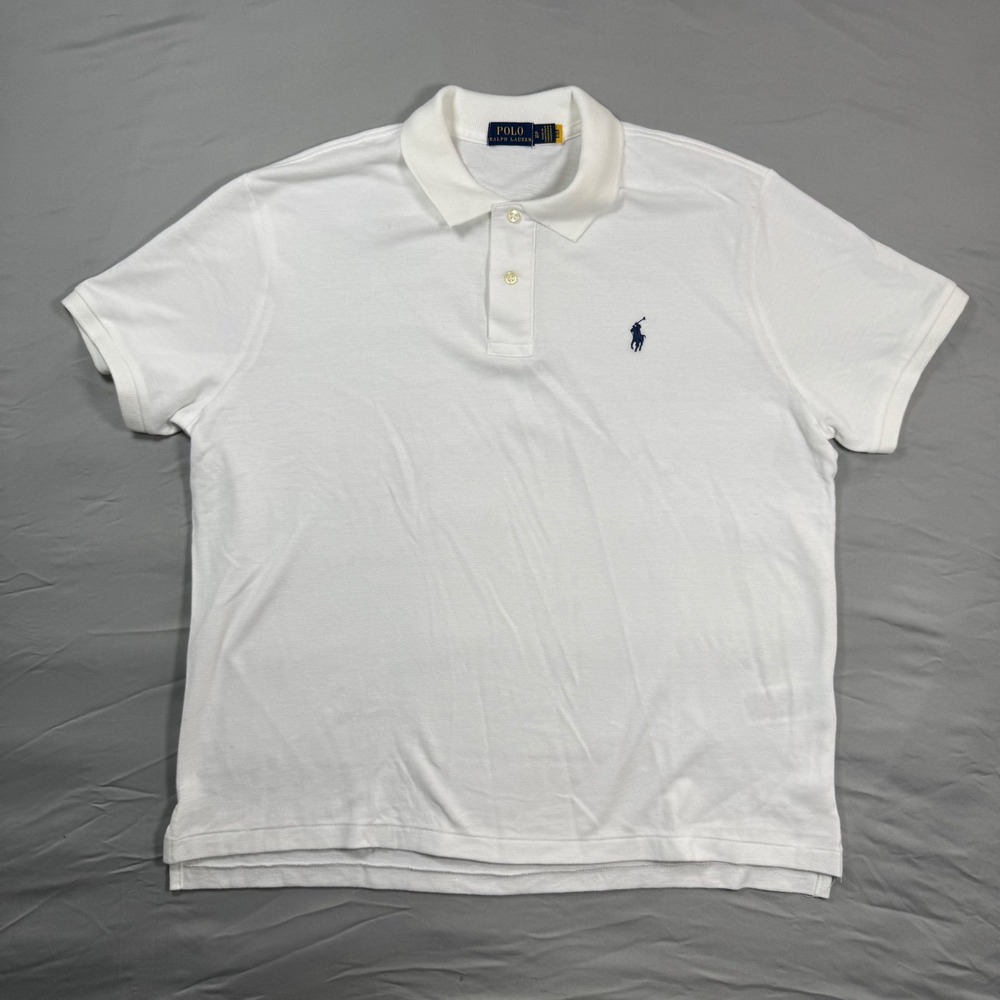 Polo Ralph Lauren White Polo Shirt Mens XL Cotton Pique Short Sleeve Navy Pony